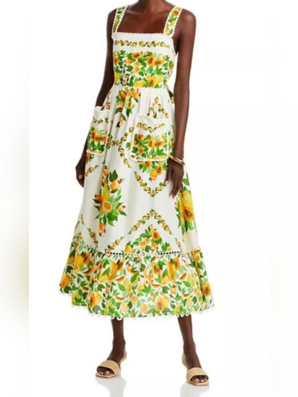Farm Rio Papaya Salad Print Midi Linen Blend Dress size L - Picture 2 of 8